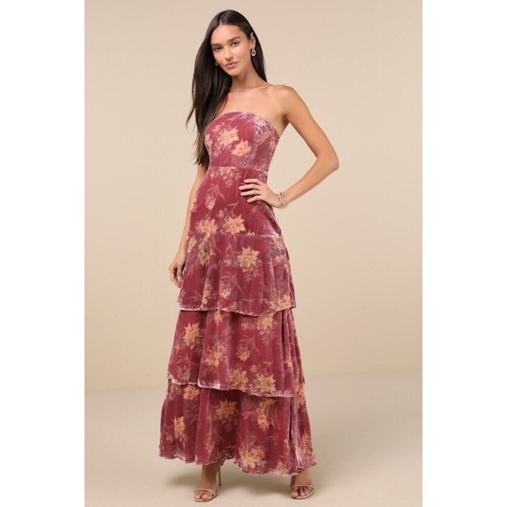 Lulus Real Allure Rose Pink Floral Burnout Velvet Strapless Maxi Dress - Size S
